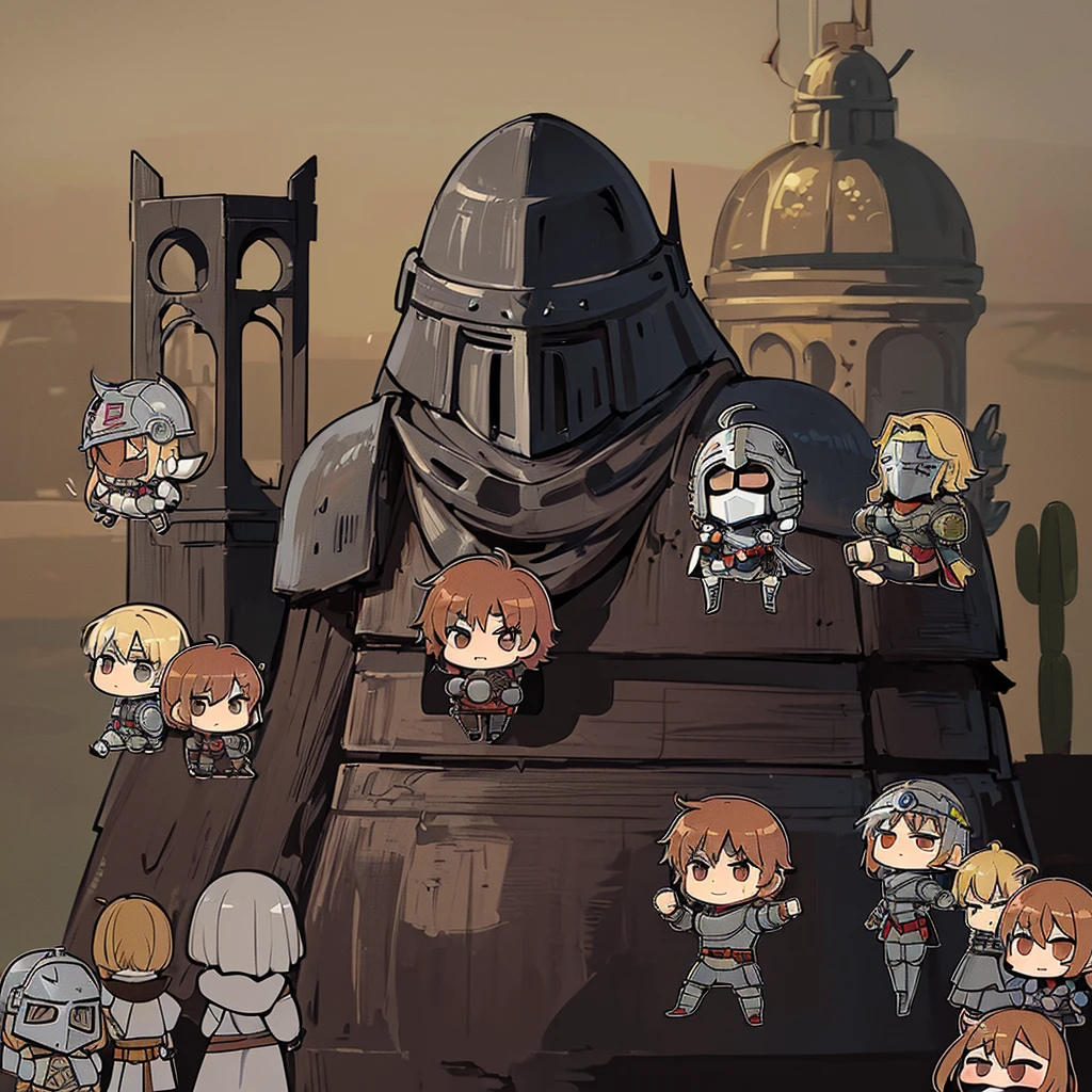 ((((Chibi Character、6 people))))、(((Iron Mask、Iron helmet、Iron Mask))),、Highest quality, Best Quality,Best illustrationedieval Armor、Medieval Knight、Grey Armor、(((20-year-old male)))、(((Living in the desert)))、(Simple Background)、(Mr.々Expression)