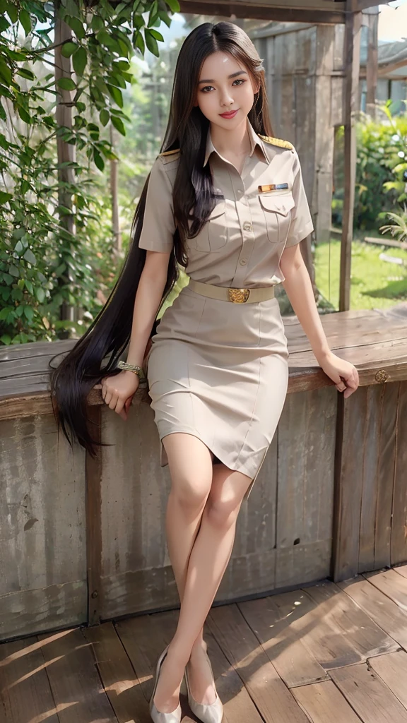 Thai Teacher, Young Teacher, Khaki suit, khaki civil servant, ชุดThai Teacher:1.3, สาวสวยผมlongเป็นพิเศษ, ผมlongสองเมตร, long hair that catches the eye, ผมlongสีดำ, ผมของเธอlongมาก., long, shiny hair, long, thick, soft hair, ผมlongเป็นพิเศษ, Dynamic posts, like full body, Short sleeve shirtสีกากี, Short pencil skirtสีกากี, side cut, Decorated with military insignia.., black high heels, The sexiest, small waist, hips raised, small thighs, long legs, big breasts, big breasts:1.5, big breast, Very big breasts, eye-catching breasts, A gigantic rift, Not all coverage, big breast, big breast, Big D, สาวผมlongสองเมตร, Beautiful face, red lips, Very shiny, แต่งBeautiful face, military rank insignia, Short pencil skirt, tight, Short sleeve shirt, tight fitting, in the background, blurred garden. ultra short skirt,