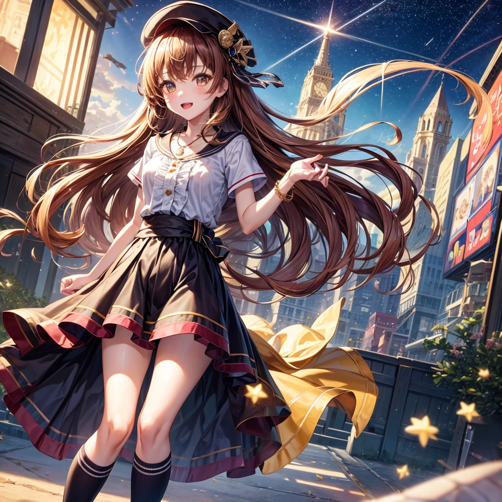 Red, brown, gold, gold hair、Golden Eyes、Hair tied up、One good looking girl、solo、anime、Checkered mini skirt、Ruffles on the skirt、Checked dress、blouse、school uniform、Black knee-high socks、Wearing a baseball cap、Ribbon、Ribbon on waist、Teeth are visible、Sparkly Necklace、From above、Cobblestones、waterfall、Starry Sky、Midnight Moon、suspension bridge、Soap bubbles are flying、beam、Standing still、Eight Towers、Palm Tree、Transparent、Dragon flying、Sandy Beach、time and space、goddess、Billboard