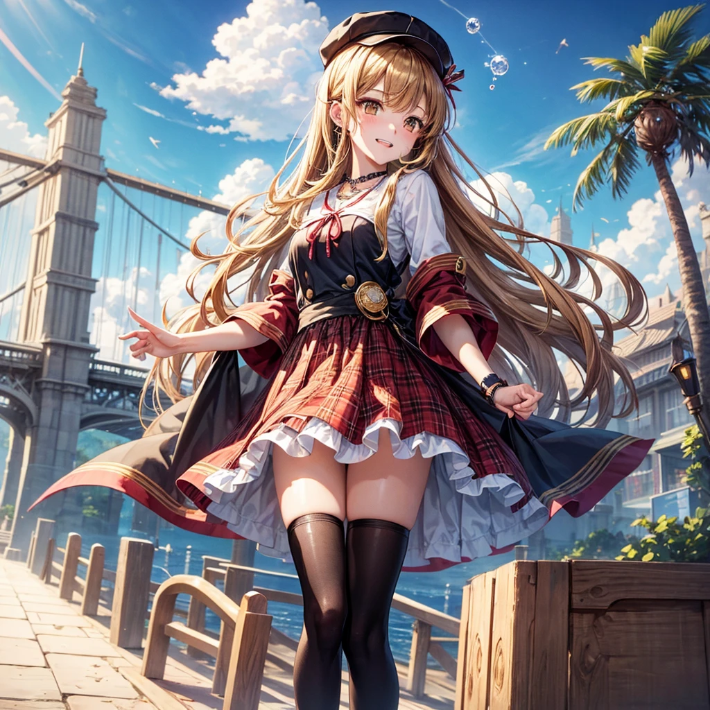 Red, brown, gold, gold hair、Golden Eyes、Hair tied up、One good looking girl、solo、anime、Checkered mini skirt、Ruffles on the skirt、Checked dress、blouse、school uniform、Black knee-high socks、Wearing a baseball cap、Ribbon、Ribbon on waist、Teeth are visible、Sparkly Necklace、From above、Cobblestones、waterfall、Starry Sky、Midnight Moon、suspension bridge、Soap bubbles are flying、beam、Standing still、Eight Towers、Palm Tree、Transparent、Dragon flying、Sandy Beach、time and space、goddess、Billboard