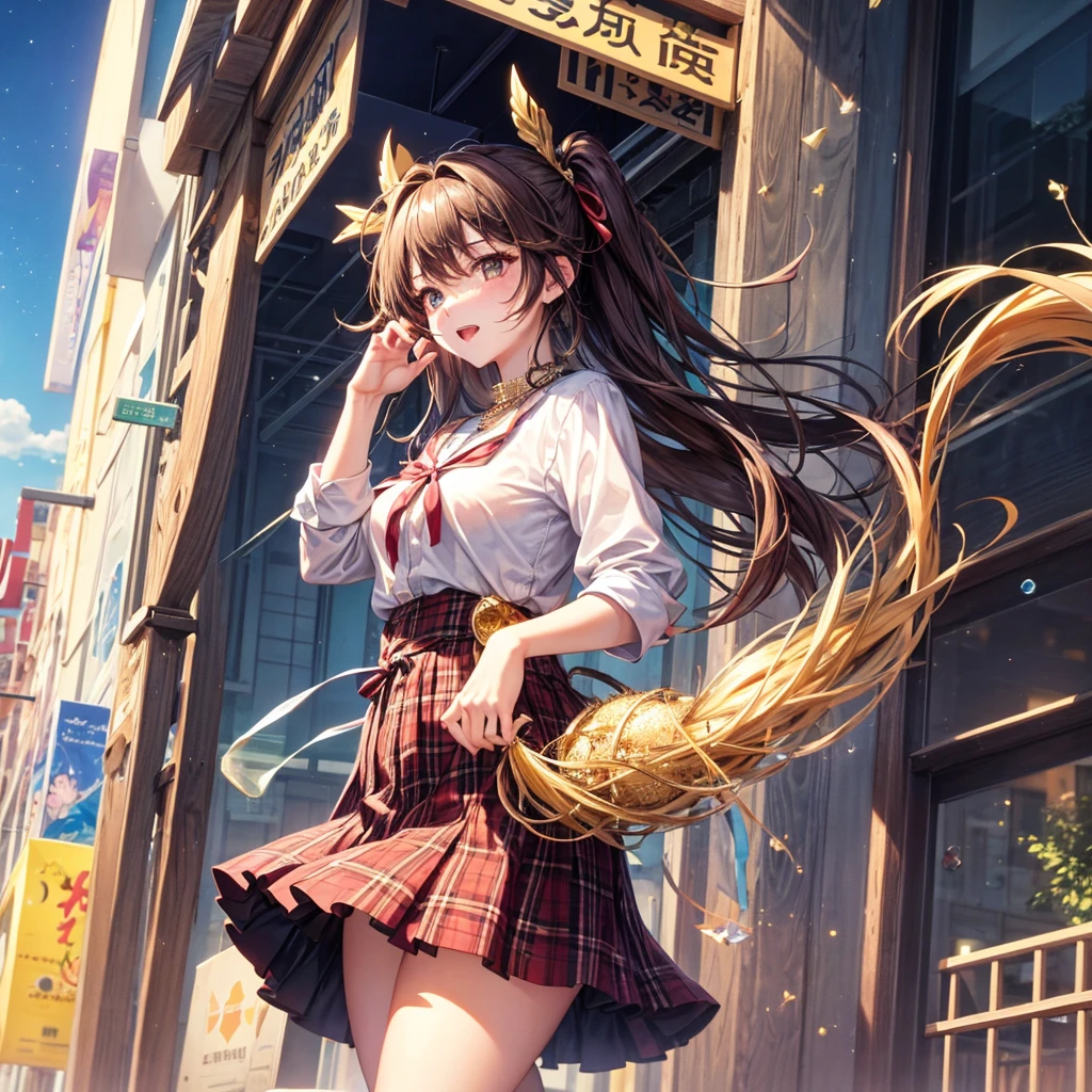 Red, brown, gold, gold hair、Golden Eyes、Hair tied up、One good looking girl、solo、anime、Checkered mini skirt、Ruffles on the skirt、Checked dress、blouse、school uniform、Black knee-high socks、Wearing a baseball cap、Ribbon、Ribbon on waist、Teeth are visible、Sparkly Necklace、From above、Cobblestones、waterfall、Starry Sky、Midnight Moon、suspension bridge、Soap bubbles are flying、beam、Standing still、Eight Towers、Palm Tree、Transparent、Dragon flying、Sandy Beach、time and space、goddess、Billboard
