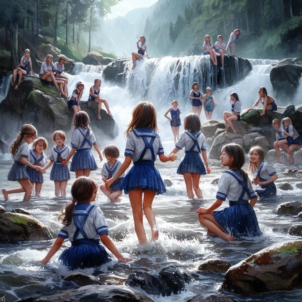 Realistic watercolor painting world。 Russian scrls wear school swimsuits at a mountain waterfall、(((playing in the water to the point that their legs, hips, and panties are on full display)))。Let it be a sublime painting that exudes a sense of happiness.。