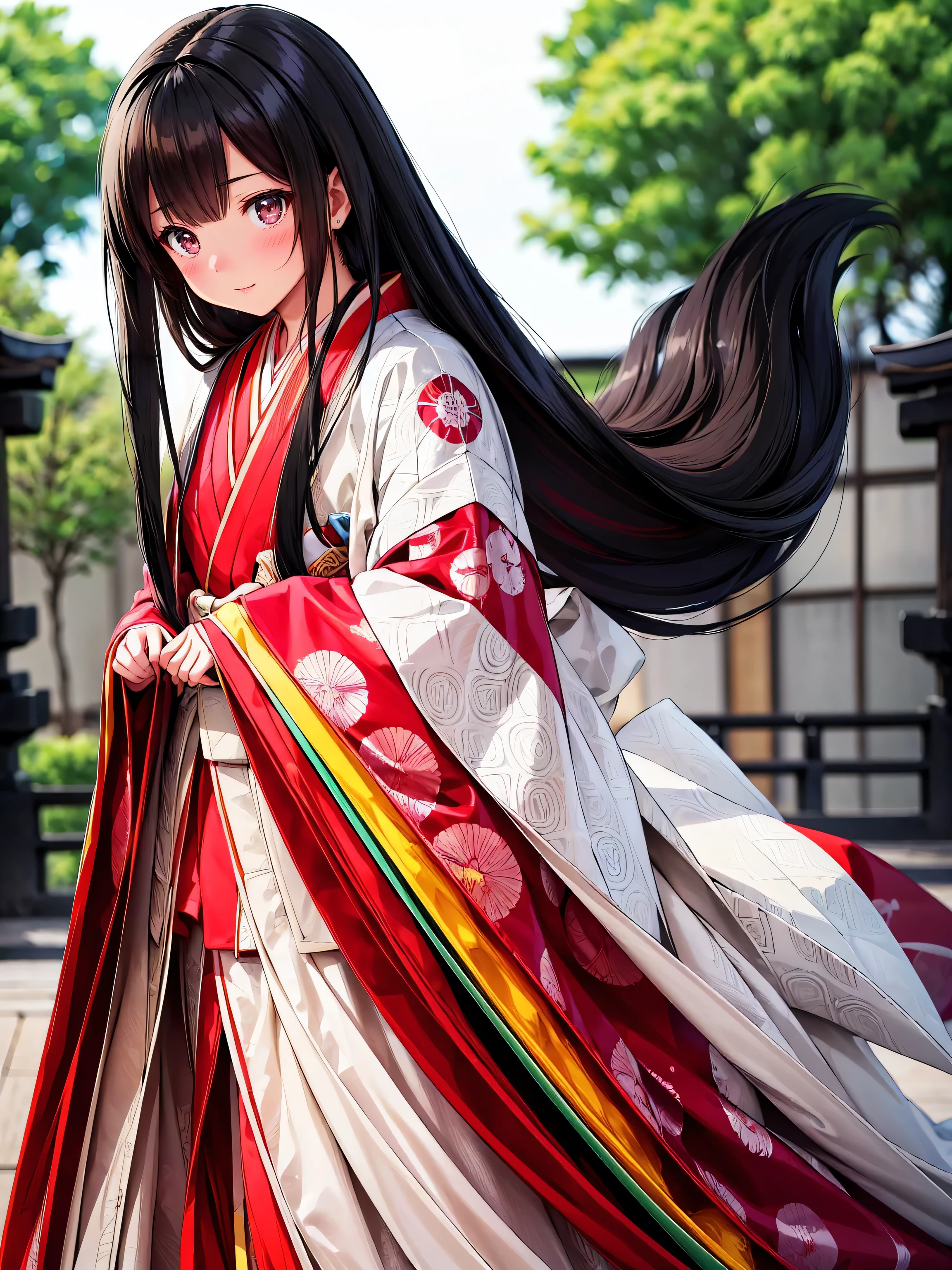 (solo japanese girl:1.3), (Straight long hair, Shiny and glossy black hair:1.3), Karaginu jacket, Long hakama, The cuffs and chest of the five-piece garment, Wearing Imperial Kimono, Imperial Patterns, (((Masterpiece, Super detail, top quality, ultra high res, Spectacular Quality, Distinguished Quality, ultra detailed, unity 16k, ultra photo realistic))), (moe animation art style:1.2), 