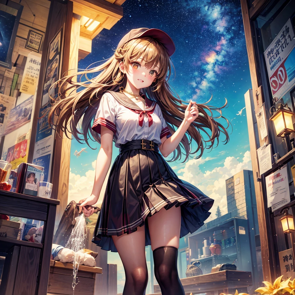 Red, brown, gold, gold hair、Golden Eyes、Hair tied up、One good looking girl、solo、anime、Checkered mini skirt、Ruffles on the skirt、Checked dress、blouse、school uniform、Black knee-high socks、Wearing a baseball cap、Ribbon、Ribbon on waist、Teeth are visible、Sparkly Necklace、From above、Cobblestones、waterfall、Starry Sky、Midnight Moon、suspension bridge、Soap bubbles are flying、beam、Standing still、Eight Towers、Palm Tree、Transparent、Dragon flying、Sandy Beach、time and space、goddess、Billboard