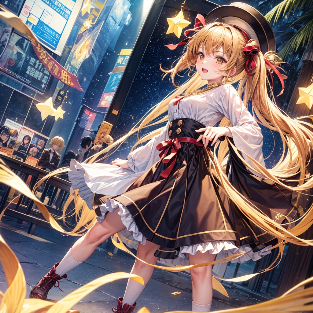 Red, brown, gold, gold hair、Golden Eyes、Hair tied up、One good looking girl、solo、anime、Checkered mini skirt、Ruffles on the skirt、Checked dress、blouse、school uniform、Black knee-high socks、Wearing a baseball cap、Ribbon、Ribbon on waist、Teeth are visible、Sparkly Necklace、From above、Cobblestones、waterfall、Starry Sky、Midnight Moon、suspension bridge、Soap bubbles are flying、beam、Standing still、Eight Towers、Palm Tree、Transparent、Dragon flying、Sandy Beach、time and space、goddess、Billboard