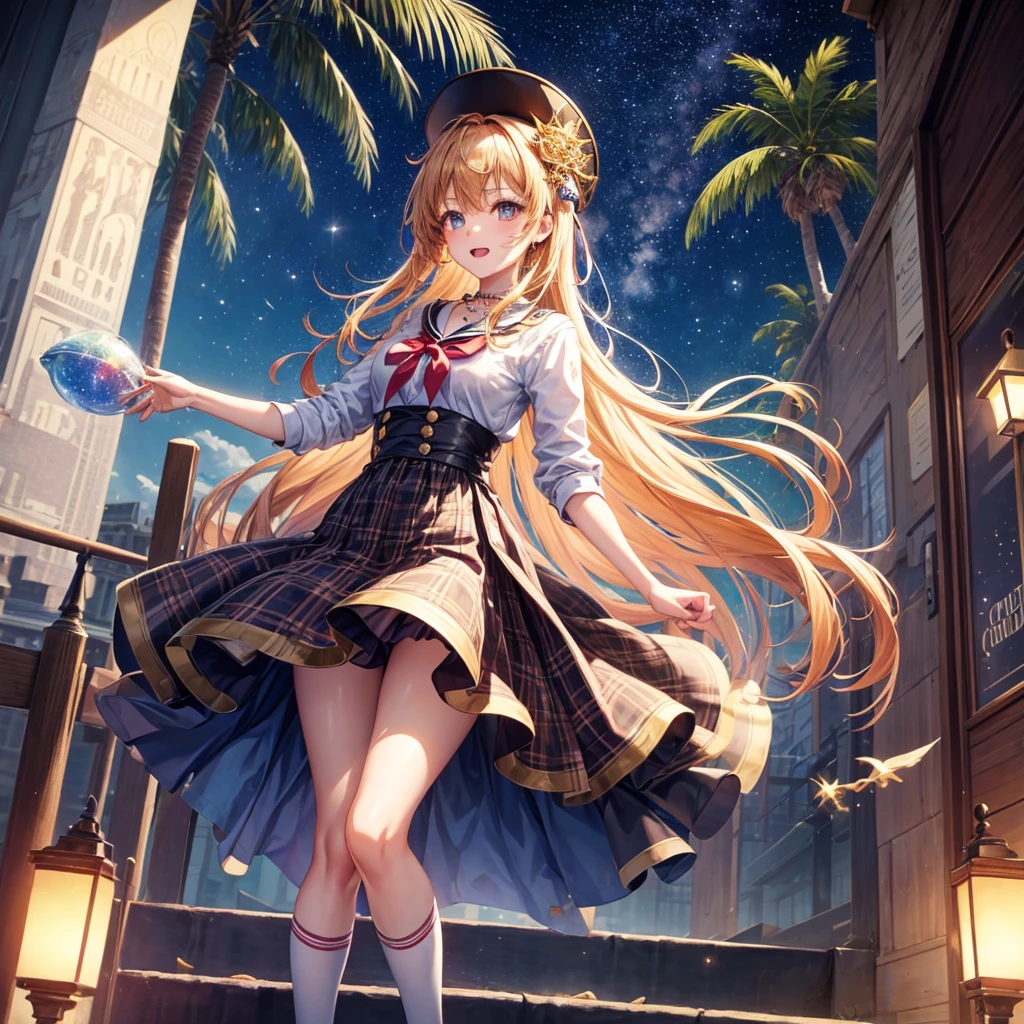 Red, brown, gold, gold hair、Golden Eyes、Hair tied up、One good looking girl、solo、anime、Checkered mini skirt、Ruffles on the skirt、Checked dress、blouse、school uniform、Black knee-high socks、Wearing a baseball cap、Ribbon、Ribbon on waist、Teeth are visible、Sparkly Necklace、From above、Cobblestones、waterfall、Starry Sky、Midnight Moon、suspension bridge、Soap bubbles are flying、beam、Standing still、Eight Towers、Palm Tree、Transparent、Dragon flying、Sandy Beach、time and space、goddess、Billboard