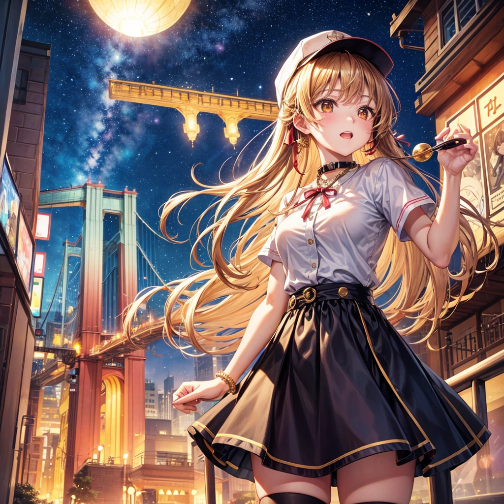 Red, brown, gold, gold hair、Golden Eyes、Hair tied up、One good looking girl、solo、anime、Checkered mini skirt、Ruffles on the skirt、Checked dress、blouse、school uniform、Black knee-high socks、Wearing a baseball cap、Ribbon、Ribbon on waist、Teeth are visible、Sparkly Necklace、From above、Cobblestones、waterfall、Starry Sky、Midnight Moon、suspension bridge、Soap bubbles are flying、beam、Standing still、Eight Towers、Palm Tree、Transparent、Dragon flying、Sandy Beach、time and space、goddess、Billboard
