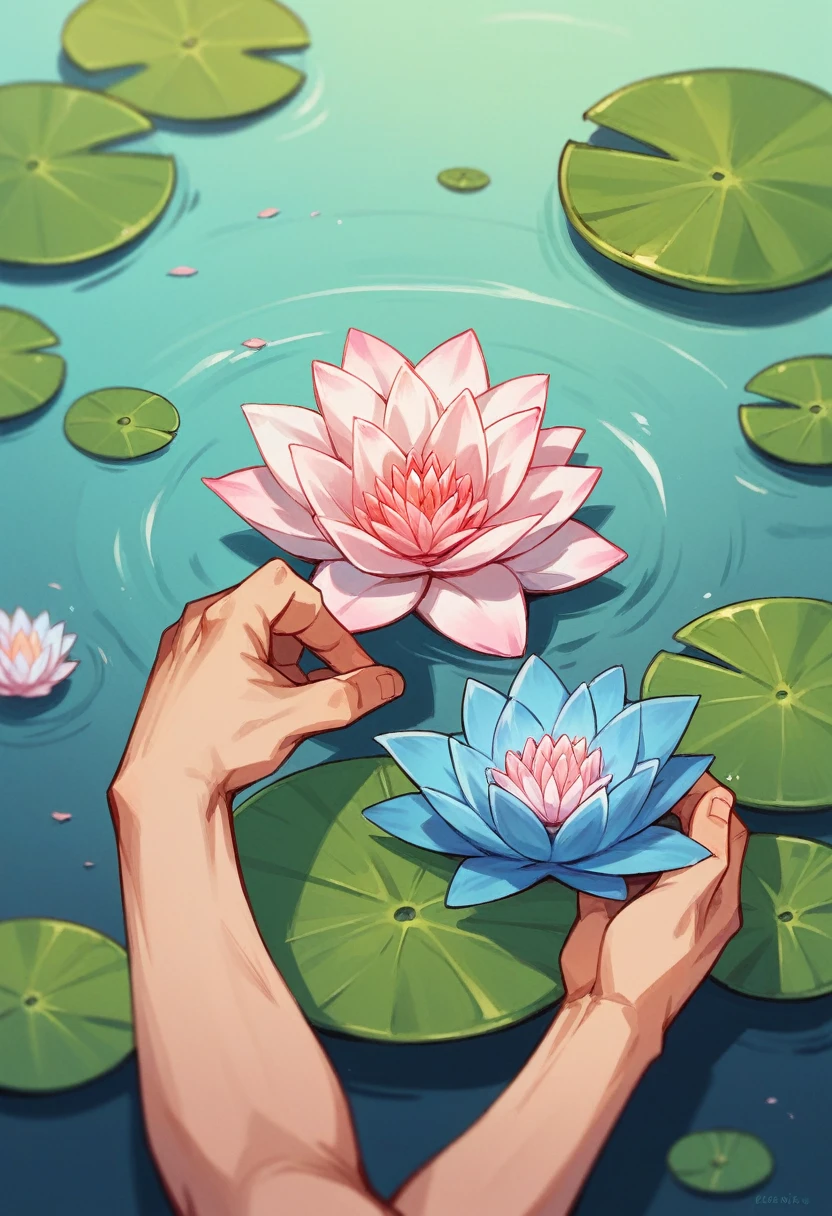 A boy holding a lotus leaf,One holding a lotus,Couple WeChat avatar,Illustration style