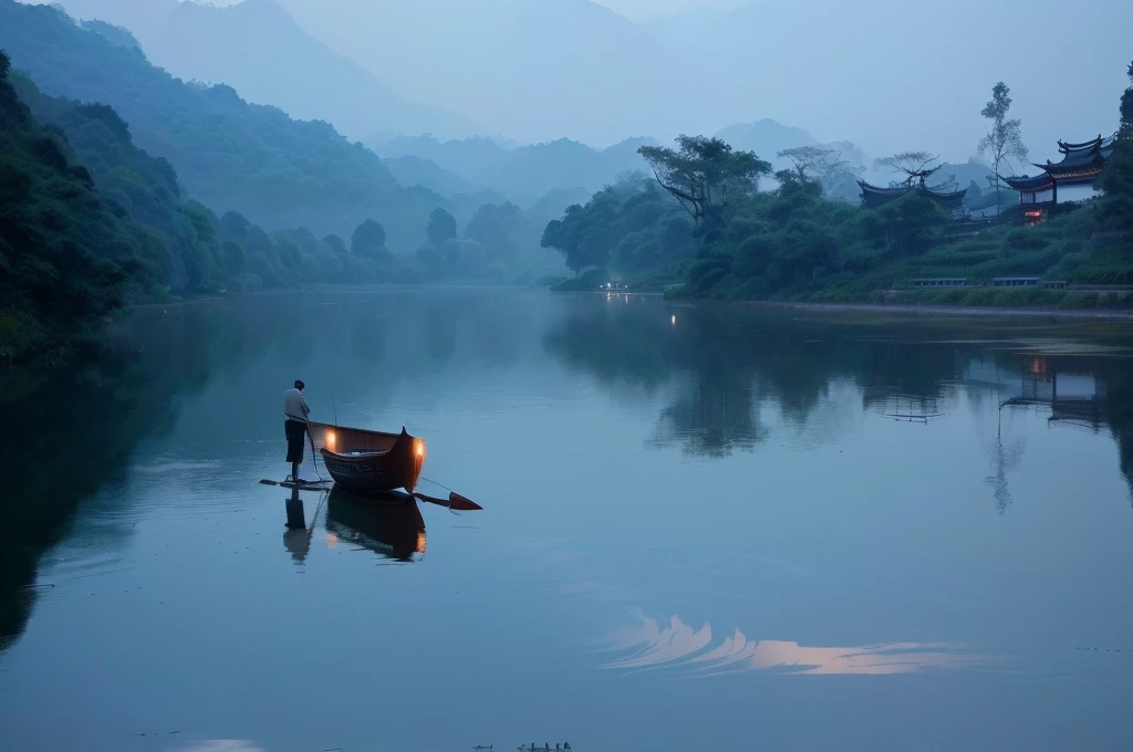 A man stands on a raft in the middle of a river, early morning, early morning, early morning的河流, Peaceful scene, Tranquil scene, peaceful scene, Sitting on a small bamboo boat, On the calm lake, In the peaceful scenery, night, Fisherman, early morning的曙光, early morning的阳光很刺眼, Hangzhou