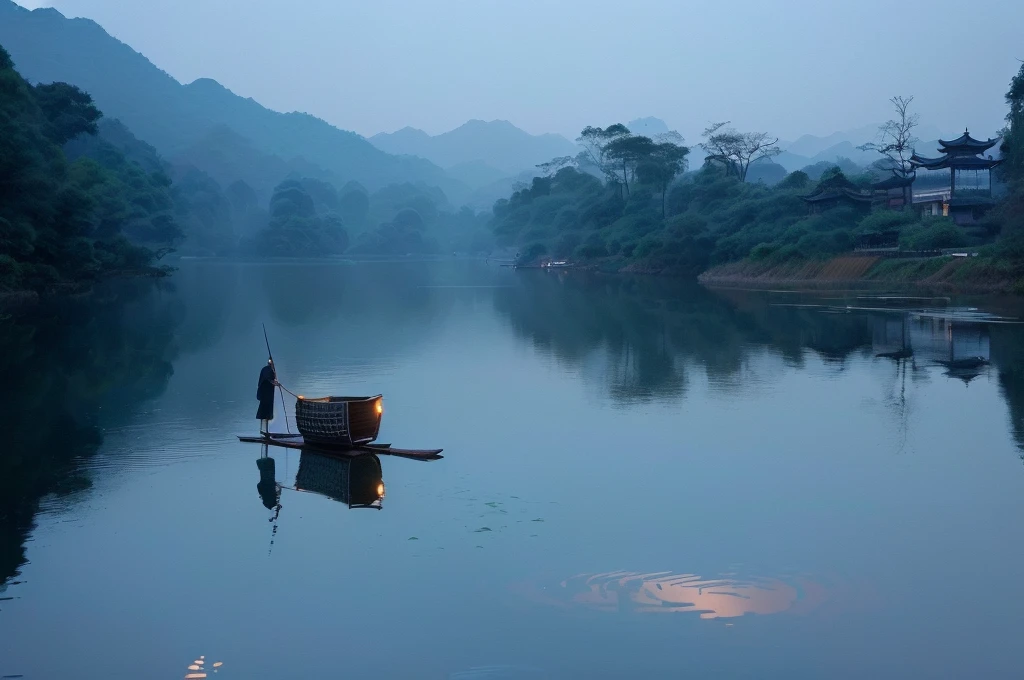 A man stands on a raft in the middle of a river, early morning, early morning, early morning的河流, Peaceful scene, Tranquil scene, peaceful scene, Sitting on a small bamboo boat, On the calm lake, In the peaceful scenery, night, Fisherman, early morning的曙光, early morning的阳光很刺眼, Hangzhou