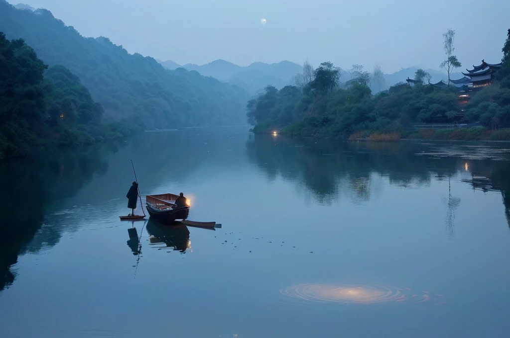 A man stands on a raft in the middle of a river, early morning, early morning, early morning的河流, Peaceful scene, Tranquil scene, peaceful scene, Sitting on a small bamboo boat, On the calm lake, In the peaceful scenery, night, Fisherman, early morning的曙光, early morning的阳光很刺眼, Hangzhou