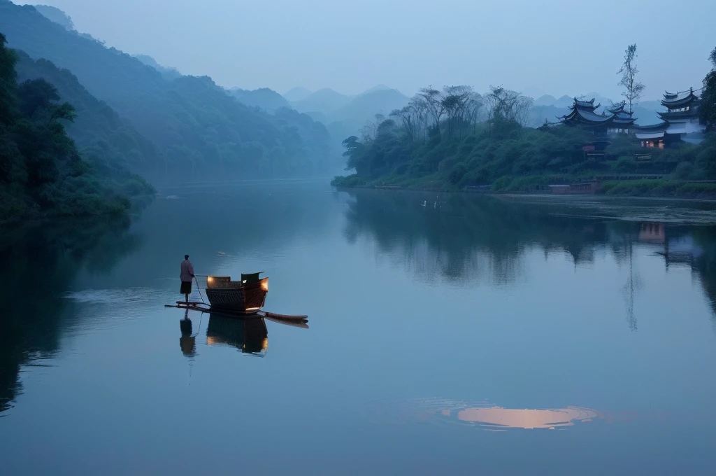 A man stands on a raft in the middle of a river, early morning, early morning, early morning的河流, Peaceful scene, Tranquil scene, peaceful scene, Sitting on a small bamboo boat, On the calm lake, In the peaceful scenery, night, Fisherman, early morning的曙光, early morning的阳光很刺眼, Hangzhou