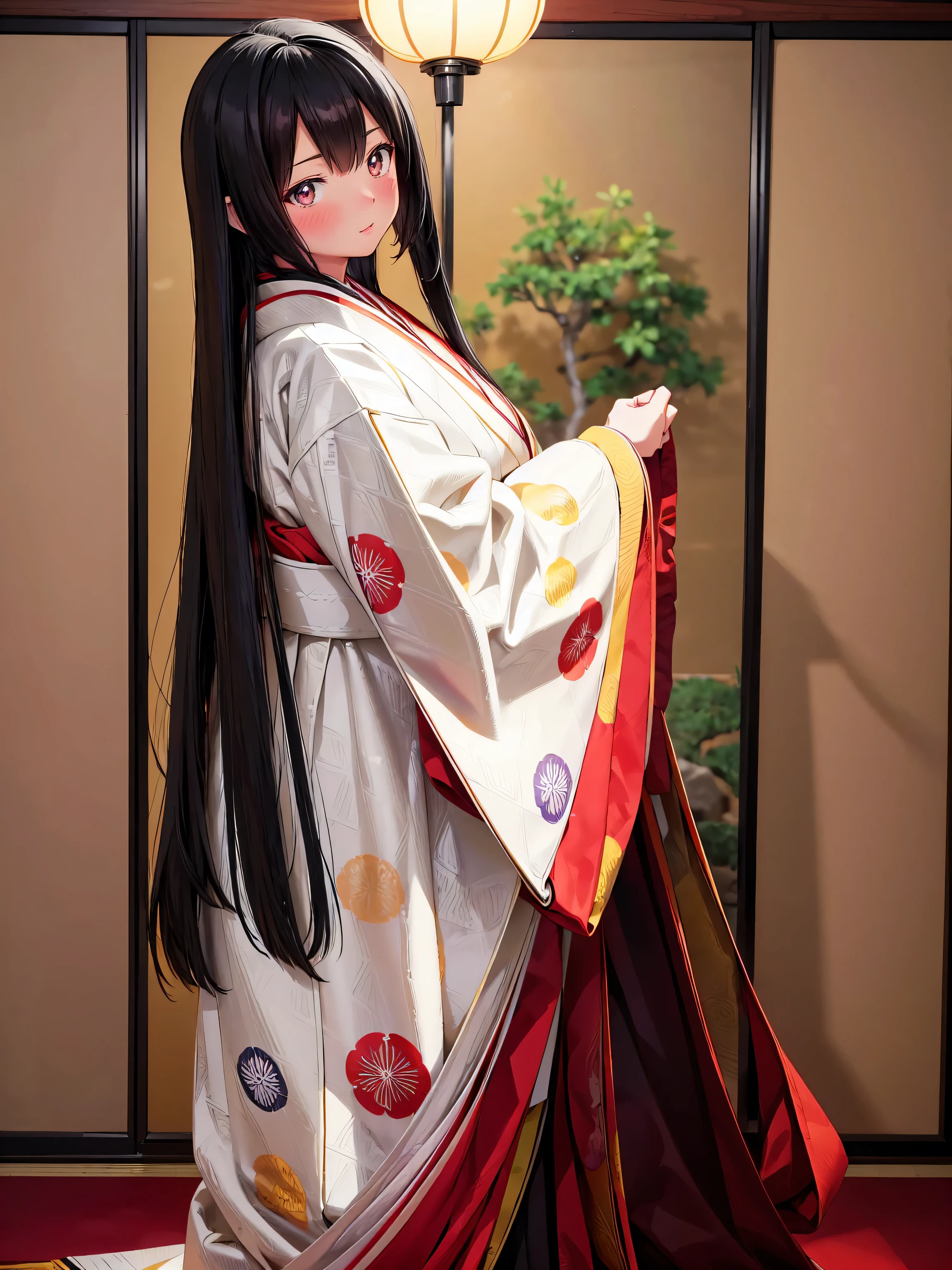 (solo japanese girl:1.3), (Straight long hair, Shiny and glossy black hair:1.3), Karaginu jacket, Long hakama, The cuffs and chest of the five-piece garment, Wearing Imperial Kimono, Imperial Patterns, (((Masterpiece, Super detail, top quality, ultra high res, Spectacular Quality, Distinguished Quality, ultra detailed, unity 16k, ultra photo realistic))), (moe animation art style:1.2), 