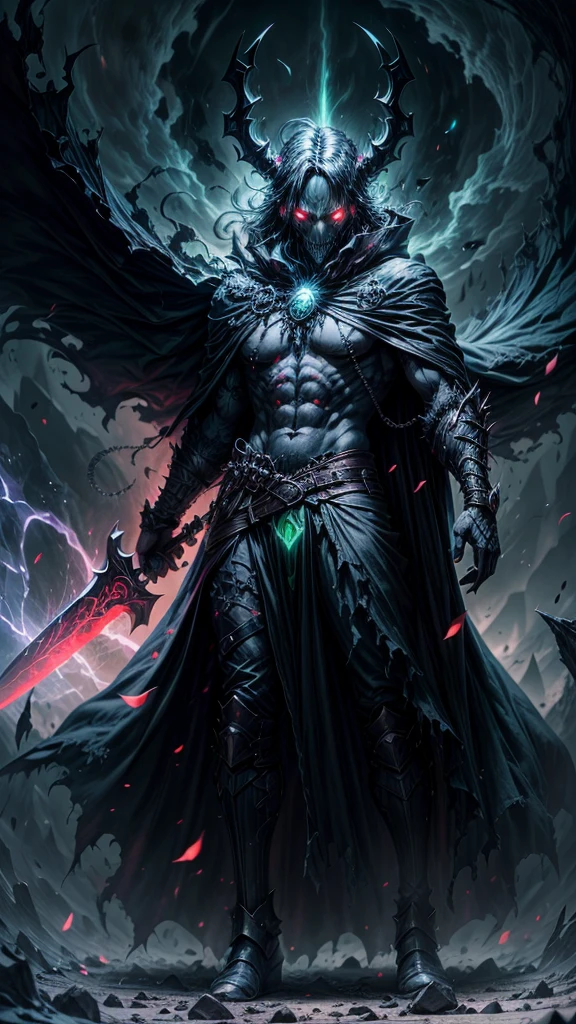 A dark and ominous creature, a god of death with a black crown, red glowing eyes, dynamic point of view, a fantasy character with a large torn black cape, wearing black and torn clothes, holding a magic sword with a blue and green aura around it, magical effects surrounding the sword, dark evening outdoor background on a dark plain