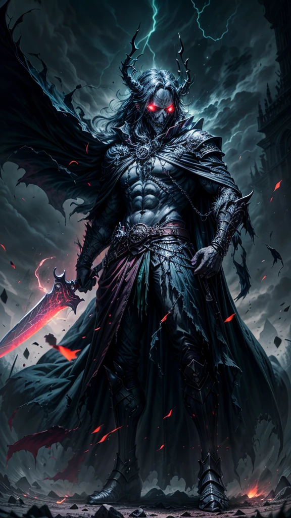 A dark and ominous creature, a god of death with a black crown, red glowing eyes, dynamic point of view, a fantasy character with a large torn black cape, wearing black and torn clothes, holding a magic sword with a blue and green aura around it, magical effects surrounding the sword, dark evening outdoor background on a dark plain