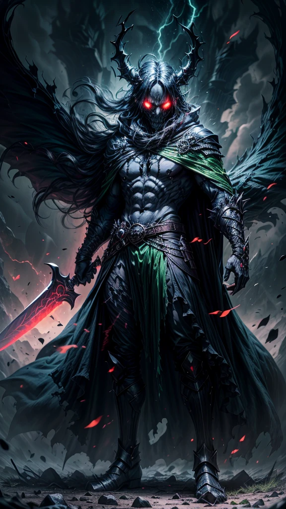 A dark and ominous creature, a god of death with a black crown, red glowing eyes, dynamic point of view, a fantasy character with a large torn black cape, wearing black and torn clothes, holding a magic sword with a blue and green aura around it, magical effects surrounding the sword, dark evening outdoor background on a dark plain