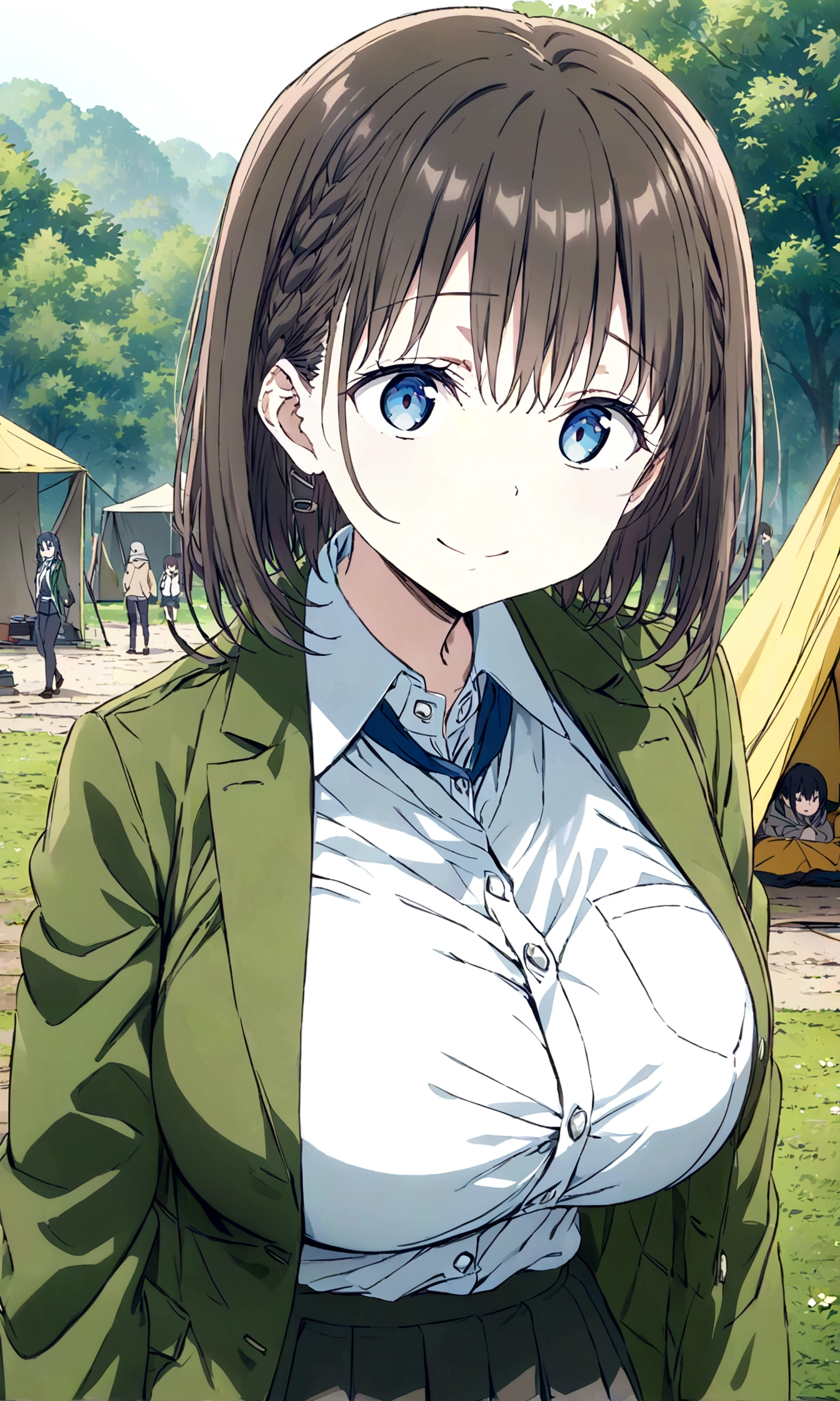 Tawawa on Monday,Ai-chan,Big Breasts,uniform,high school girl,sad smile,homeless tent,park,finely detailed beautiful face,high quality,anime,beautiful,High resolution,anime color,{{{{8K_wallpaper}}}},{{{masterpiece}}},{{{{extremely detailed eyes}}}},{{{{extremely detailed body}}}},{{{{extremely detailed finger}}}}