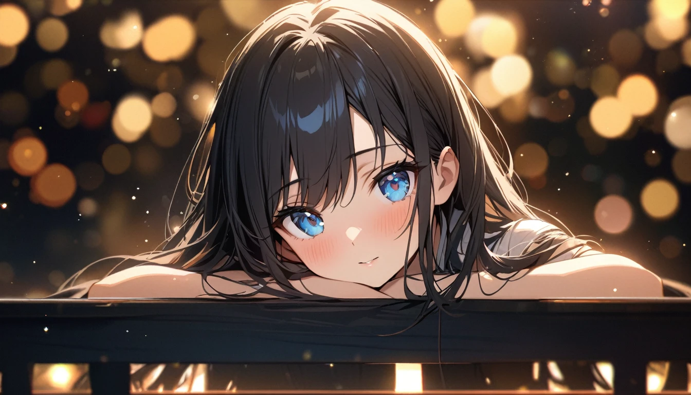 Full resolution, Highest quality, masterpiece, Full HD, Bokeh, particle Bokeh, Depth of written boundary, Beautiful girls, Very detailed, One girl, pretty girl, Black Hair, Long Hair, Blue water eyes