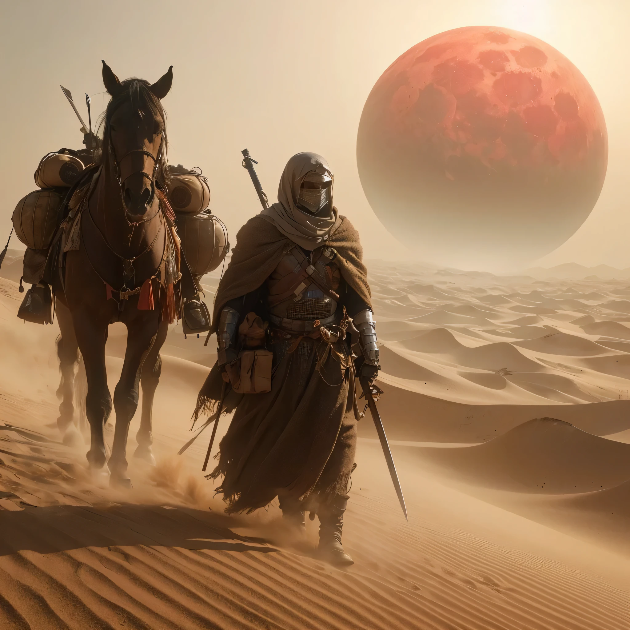 Hyperrealistic 4D image of a warrior knight walking with his horse, dressed as a desert nomad, wrapped in protective cloth, and carrying provisions and weapons, walking across vast sand dunes. The atmosphere is otherworldly, with a large red sun and moon or additional smaller planets visible in the dusty sky, suggesting that this scene takes place on a planet other than Earth, the figures exude exploration or travel through this alien desert landscape.