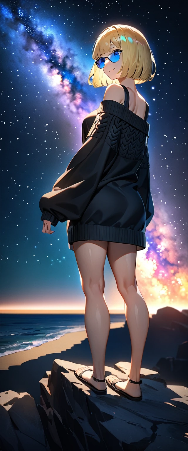 ((stick out tongue)), ((off-shoulder sweater:1.3, Quite thick shoulder straps)), ((black sweater)), ((Aran sweater)), (((bare legs))), from side, ((((upper body)))), ((Leaning to side)), (((a beautiful starry sky, the Milky Way shining beautifully in the night))), ((sitting on the very high cliff)), wavy hair, inward curled hair, sea, ((blond hair, bob cut:1.3)), breasts, ager, (looking at viewer), oversized clothes, puffy long sleeves, collarbone, head tilt:1.3, (((blue eyes))), happy smile, (((anime style))), (best quality, 4K, 8K, highres, masterpiece:1.2, ultra-detailed, ultra-detailed eyes, HDR, uhd, studio lighting, ultra-fine painting, sharp focus, physically-based rendering, extreme detail description, professional, vivid colors, bokeh)