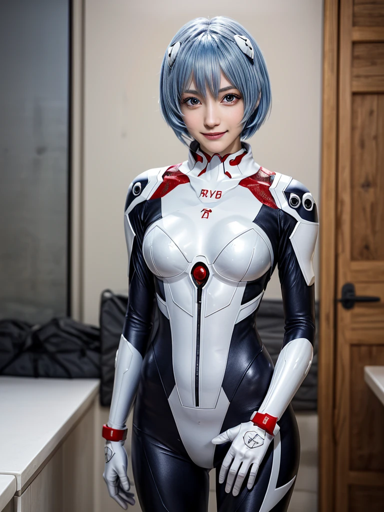 Masterpiece, highest quality, 8K, detailed skin texture, fine cloth texture, beautiful detailed face, intricate details, super detailed, portrait of Rei Ayanami, blue hair, red eyes, looking far away, no background, Evangelion Wearing a plug suit when riding, plug suit, whole body visible, standing, arms crossed, , beautiful, cute, great style, smiling,composition that shows the whole body,