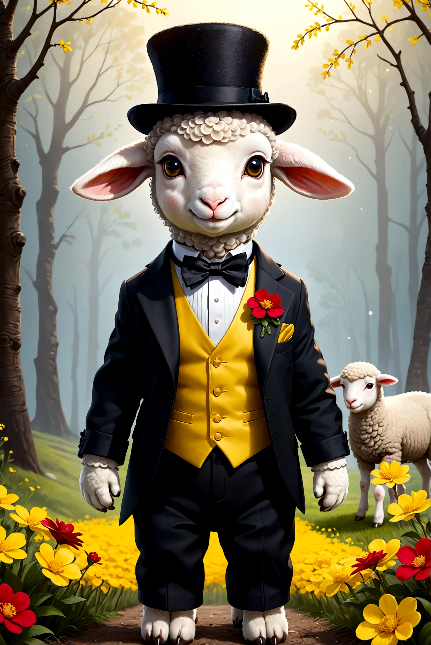 Children's cartoon style drawing,Anthropomorphic lamb,Height 60 cm,Short legs,with fluffy wool,very cute sheep,Wearing a black suit and high hat on his head,Wearing a suit, tuxedo and yellow vest,A yellow bow tied around the neck, There is a small red flower on the chest,small pistol in hand。