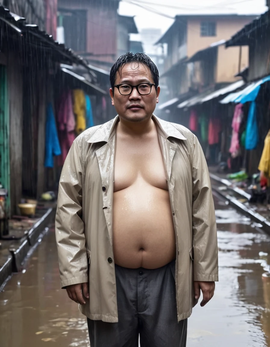 Man, Asian, 50 years old, Fat, Chubby, wearing glasses,( Put on a thin, light brown shirt, Unbutton the shirt ), Shirtless, wearing Jeans, in the park, Wet, stained, Raining, looking sad, night time, beautiful lighting.