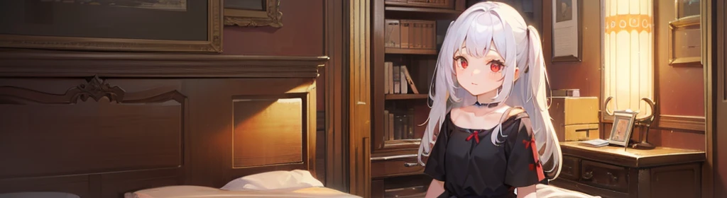 ((((1girl:1.5)))), white hair, red eyes, long hair, (collarbone:1.4), animation style,(2d, chibi, cute, cute, small , big eyes), skin color white, think about something, background/(in the room ,modern girl&#39;s room, bed, Soft mood lighting), ((((rose)))), (Bamboo Spear)