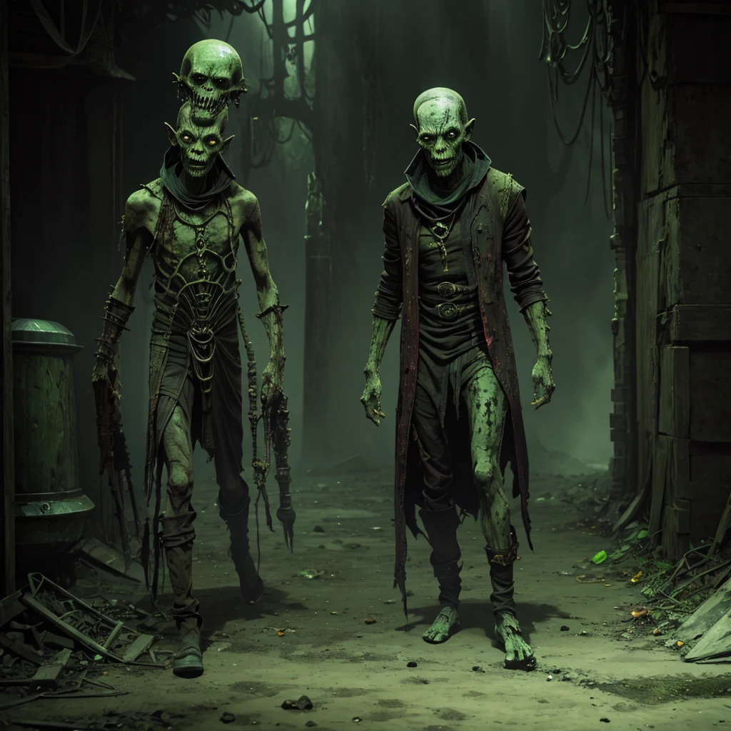Make an alien race, as if he were a zombie, with futuristic clothes and equipment. an old and necrotic witch. your skin is green and rotten.