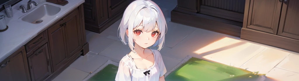 ((((1girl:1.5)))), white hair, red eyes, long hair, (collarbone:1.4), animation style,(2d, chibi, cute, cute, small , big eyes), skin color white, think about something, background/(in the room ,modern girl&#39;s room, bed, Soft mood lighting), ((((rose)))), (Bamboo Spear)