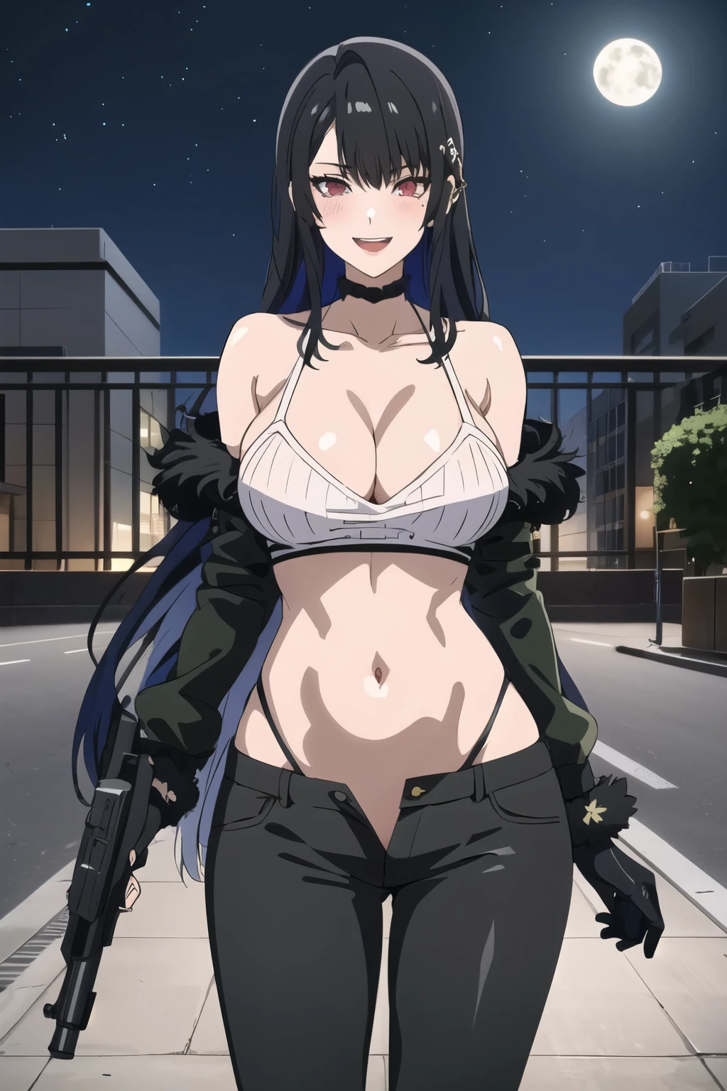 1girl, solo, standing, red eyes, slit pupils, mole under eye, black hair, blue hair, two-tone hair, long hair, large breasts, ear piercing, long hair, blush, lipstick,,fur trim, mature female, gloves, fur-trimmed coat , outdoors, rooftop, cityscape, building, railing, night, night sky, scenery, moon, city lights, gloves,masterpiece, best quality, highly detailed, a girls with a gun, evil smile , open mouth, sexy gaze, badass
pose , evil smile, smile, guns blazing, anime girl with long hair, beautiful long
haired girl, navel, evil expression, exposed belly, exposed navel, exposed midriff, exposed lower belly,
long black pants, crop top, cleavage, unbuttoned leather pants ,open fly, low rise black leather pants,
leather jacket, holding a gun, outdoor,street,road,