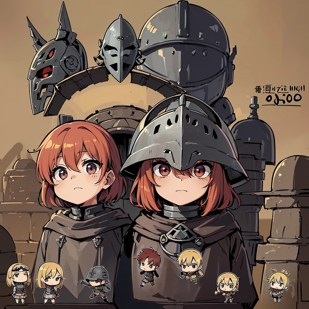 ((((Chibi Character、6 people))))、(((Iron Mask、Iron helmet、Iron Mask))),、Highest quality, Best Quality,Best illustrationedieval Armor、Medieval Knight、Grey Armor、(((20-year-old male)))、(((Living in the desert)))、(Simple Background)、(Mr.々Expression)