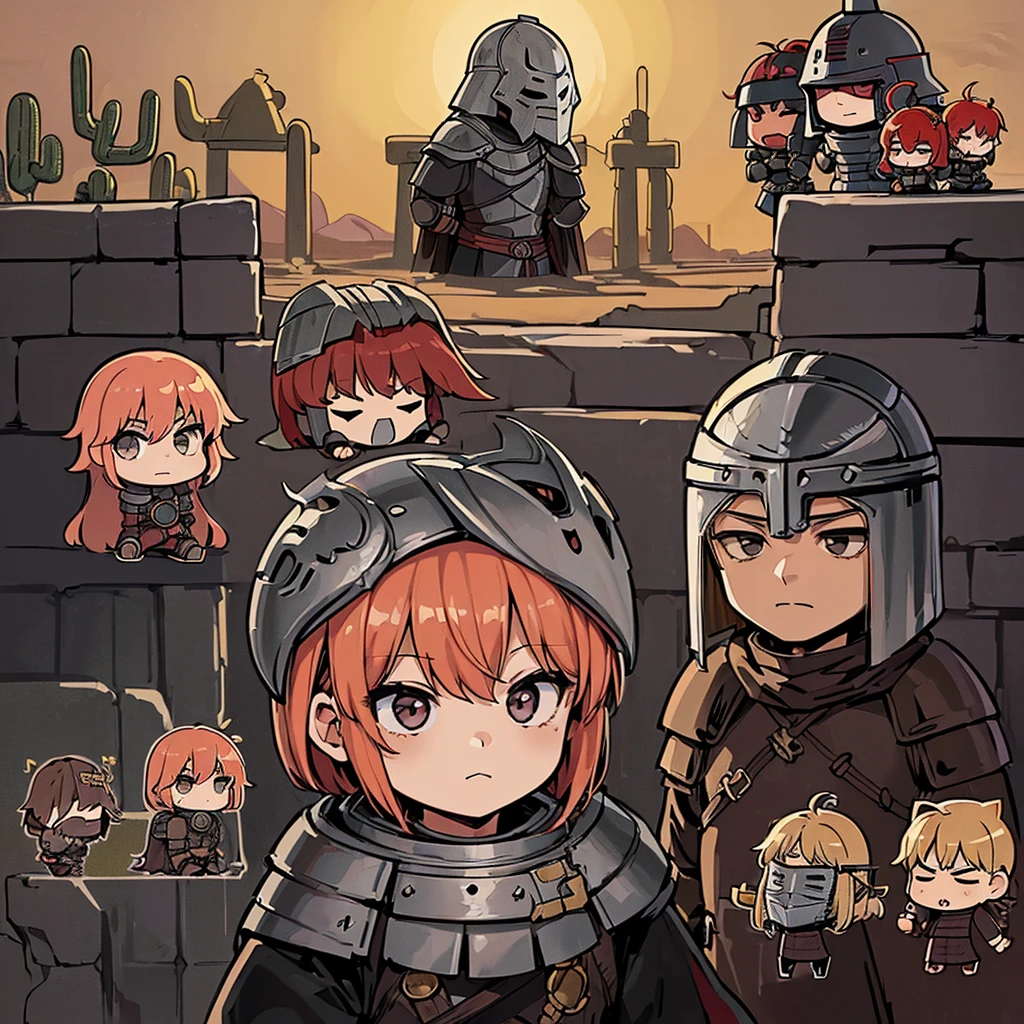 ((((Chibi Character、6 people))))、(((Iron Mask、Iron helmet、Iron Mask))),、Highest quality, Best Quality,Best illustrationedieval Armor、Medieval Knight、Grey Armor、(((20-year-old male)))、(((Living in the desert)))、(Simple Background)、(Mr.々Expression)
