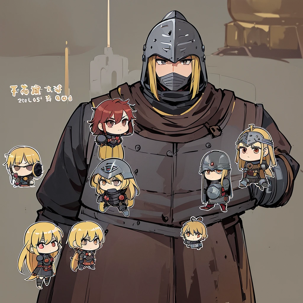 ((((Chibi Character、6 people))))、(((Iron Mask、Iron helmet、Iron Mask))),、Highest quality, Best Quality,Best illustrationedieval Armor、Medieval Knight、Grey Armor、(((20-year-old male)))、(((Living in the desert)))、(Simple Background)、(Mr.々Expression)
