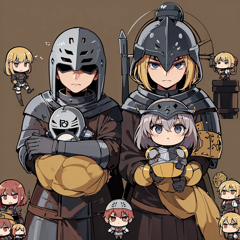 ((((Chibi Character、6 people))))、(((Iron Mask、Iron helmet、Iron Mask))),、Highest quality, Best Quality,Best illustrationedieval Armor、Medieval Knight、Grey Armor、(((20-year-old male)))、(((Living in the desert)))、(Simple Background)、(Mr.々Expression)