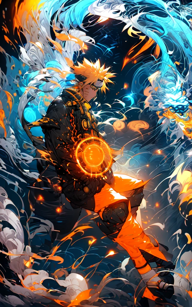 neon street lights, bright neon lights,Uzumaki Naruto from naruto manga wearing tangerine hanbok,intervene, Mechanical armor, mechanical arms,blue eyes, yellow hair 