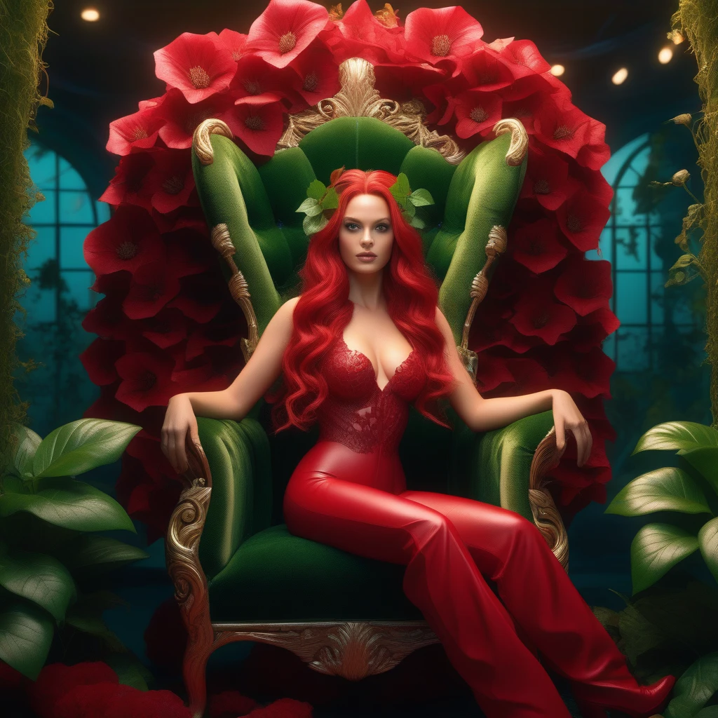 Ultra realistic extremely beautifully detailed 8k picture of 1 gorgeously cute and cool woman uma poison ivy with big wavy hair pulled back into tall two curly hair buns sitting in giant Venus flower throne bed. , Red outfit lingerie robe, extremely detailed eyes mouth and facial features, gorgeous breathtaking composition and epic cinematic lighting