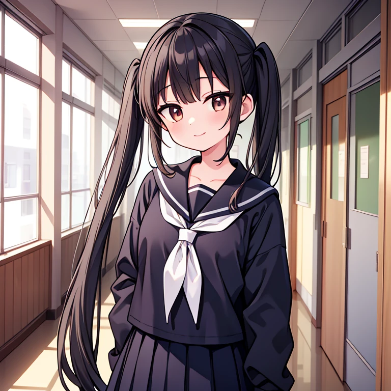 1girl, standing, gentle smile, 15yo, head tilt,
(low twintails), low pigtails, black hair, very long hair,
school hallway,
(low twintails girl), low pigtails, black hair, very long hair,
long sleeves, navy-blue serafuku with blue ribbon,
(brown eye),
afternoon,
from front,
anime, high brightness, detailed face, detailed eyes,
high quality, ultra detailed, masterpiece, FHD