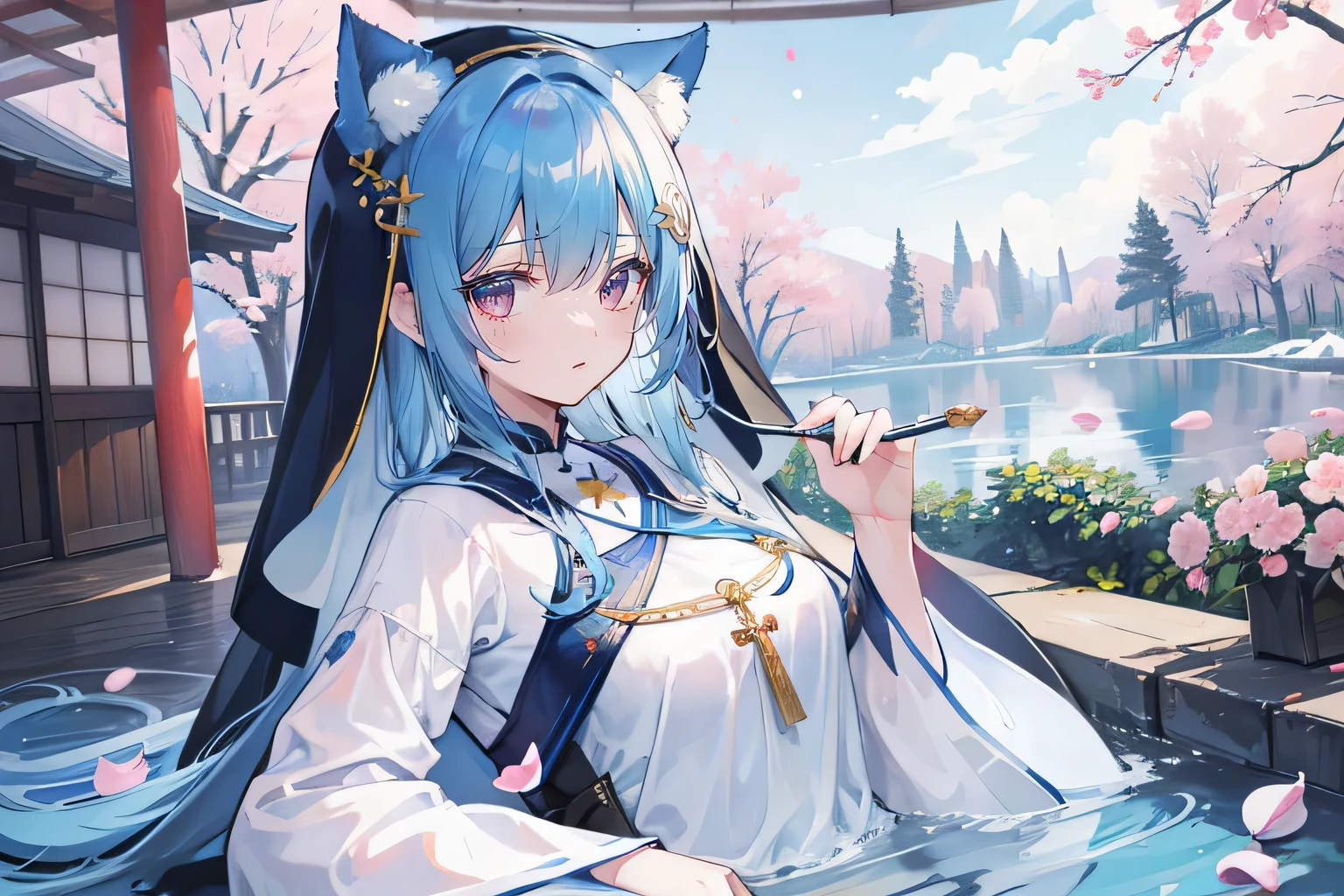(masterpiece:1.2),Super detailed,lifelike,Expressive eyes,fair skin,perfect face shape,1 girl,
Japanese comics,Gorgeous blue hair,flowing blue hair,flowing clothes,Cat ears,Petals fall,beautiful lola,Baby Angel,
Shaking head with one hand,Cross your legs,Gentle and peaceful background,The pavilion is cool and comfortable,smile, winter,lie on the water,Nun's Clothes,stately church。