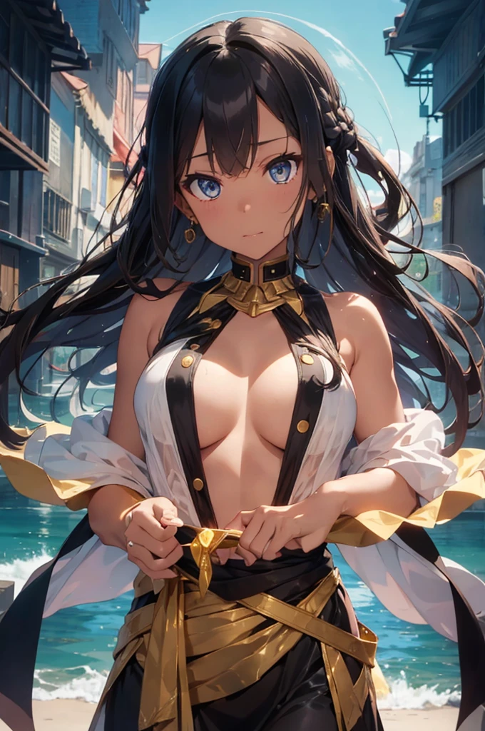 Egiptian princess in the anime is wearing a gold dress with her hair in braids, sexy , 1girl, breasts, solo,DARK SKIN , long hair, black hair, looking at viewer, dress, jewelry, earrings, blue eyes, white dress, bare shoulders, covered navel, sleeveless dress, outdoors, cleavage, sleeveless, medium breasts, day, closed mouth