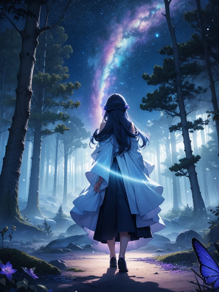 High quality, 8K Ultra HD, In "Celestial Dreamscape," the canvas bursts with ethereal colors that seem to defy the laws of nature, The sky is a mesmerizing blend of deep indigo and shimmering hues of violet, as though it holds secrets from distant galaxies, A cascade of celestial bodies, including otherworldly planets and iridescent moons, orbits in a cosmic dance, casting a soft glow upon the dreamlike landscape, The foreground reveals an enchanted forest, where trees are adorned with phosphorescent leaves that emit a gentle, soothing light. The trunks of these mystical trees twist and intertwine, creating archways that beckon viewers to explore the hidden realms beyond, Small, luminescent creatures flit between the branches, leaving trails of stardust in their wake, by yukisakura, high detailed,