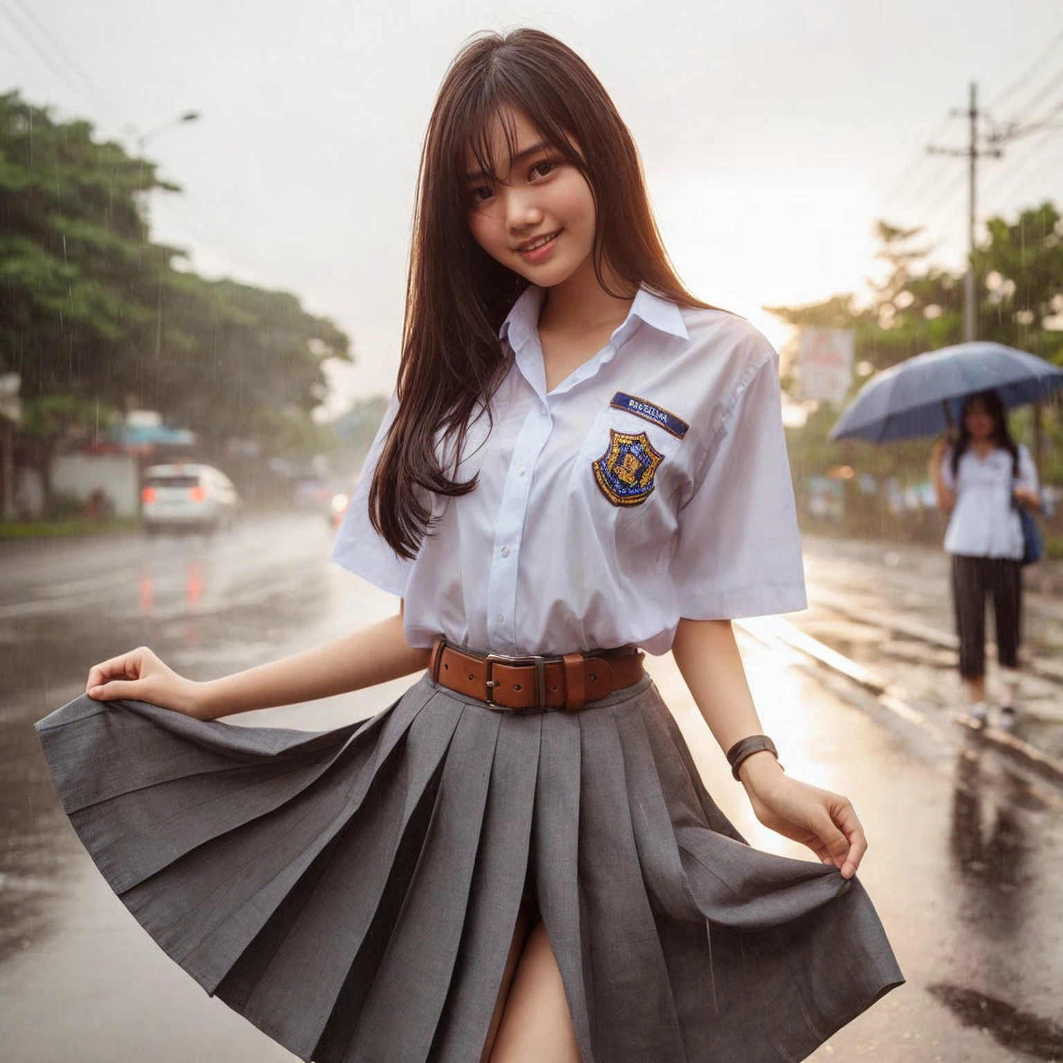 An Indonesian young woman wearing a high is getting rained on. She is holding her skirt up high to keep it from getting wet. The background shows the side of the road in the late afternoon.