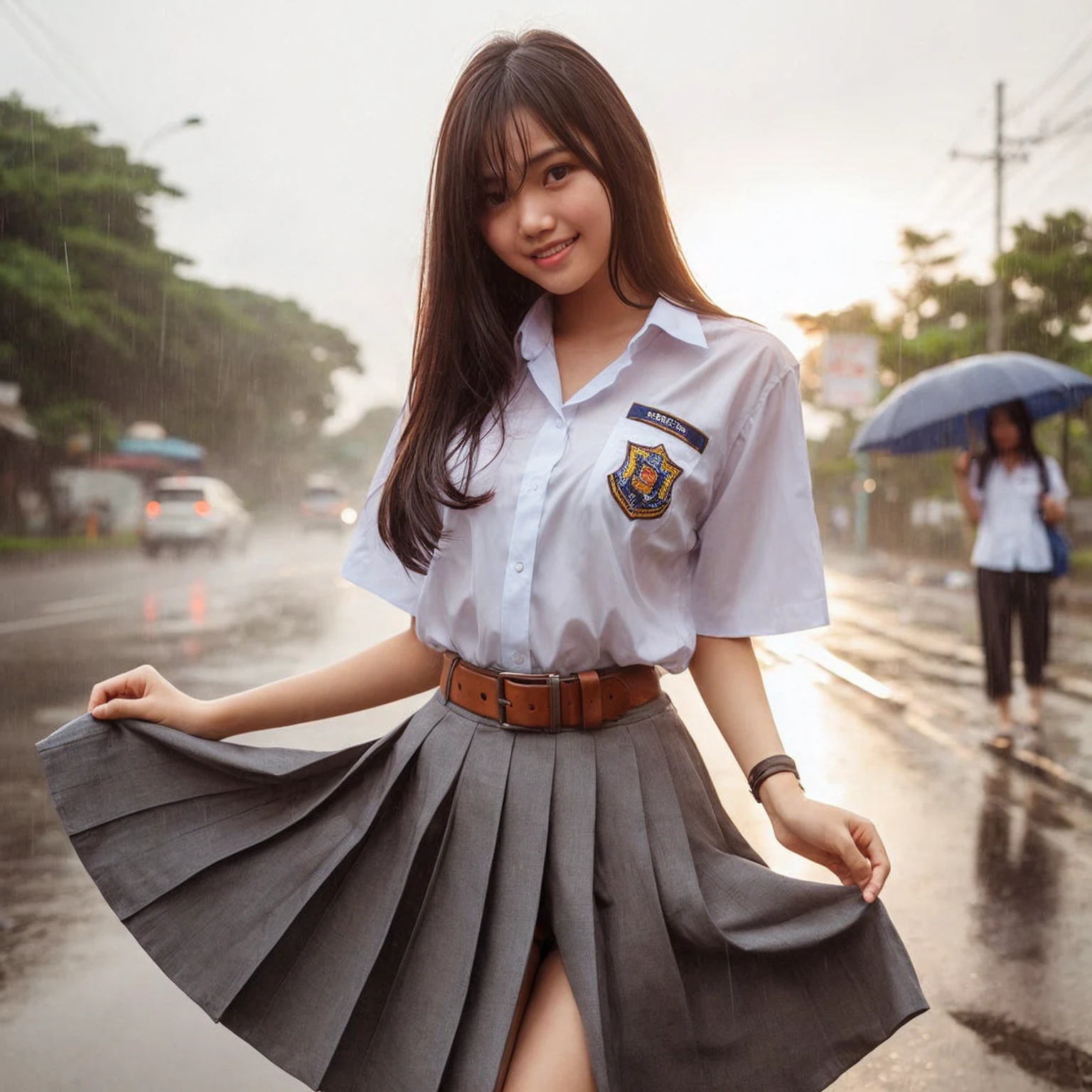 An Indonesian young woman wearing a high is getting rained on. She is holding her skirt up high to keep it from getting wet. The background shows the side of the road in the late afternoon.