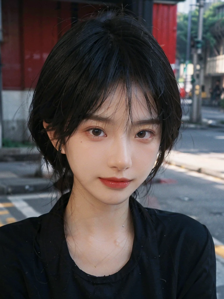 (Skin details:1.4), (smooth skin textures:1.3), (Upper Body:1.4),(Upper Body:1.3),(Black clothes:1.4),Lipstick, background, earrings, serene, calm, (Realistic and detailed eyes:1.2), Natural skin texture, Realistic facial details, Soft dramatic lighting, Vivid details, 35 mm film, outdoor, (Photo Practical:1.4), (hyper Practical:1.4), (Practical:1.3), (Smoother lighting:1.05), (Improve lighting quality:0.9), (Highest quality real skin textures:1.4), Exquisite eyes, Delicate face, Close-up of face, (Enhance the beauty of skin texture:1.1),0Normal body proportions, short hair, Moles under the eyes, A faint smile,Portrait Photography, Depth of Field, Bokeh, Surrealism, Ray Tracing, (Portrait Photography:1.1), Surrealism, High Detail, Chiaroscuro, Ray Tracing, reflected light, Ultra HD, Ultra HD, masterpiece, Textured Skin, Super Detail, High Detail, high quality, best quality