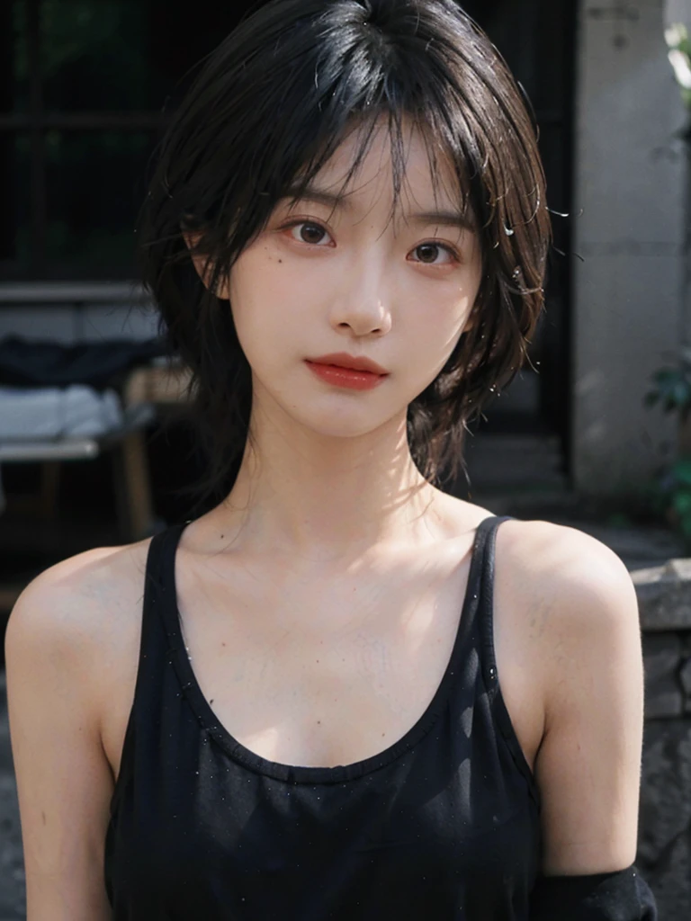 (Skin details:1.4), (smooth skin textures:1.3), (Upper Body:1.4),(Upper Body:1.3),(Black clothes:1.4),Lipstick, background, earrings, serene, calm, (Realistic and detailed eyes:1.2), Natural skin texture, Realistic facial details, Soft dramatic lighting, Vivid details, 35 mm film, outdoor, (Photo Practical:1.4), (hyper Practical:1.4), (Practical:1.3), (Smoother lighting:1.05), (Improve lighting quality:0.9), (Highest quality real skin textures:1.4), Exquisite eyes, Delicate face, Close-up of face, (Enhance the beauty of skin texture:1.1),0Normal body proportions, short hair, Moles under the eyes, A faint smile,Portrait Photography, Depth of Field, Bokeh, Surrealism, Ray Tracing, (Portrait Photography:1.1), Surrealism, High Detail, Chiaroscuro, Ray Tracing, reflected light, Ultra HD, Ultra HD, masterpiece, Textured Skin, Super Detail, High Detail, high quality, best quality