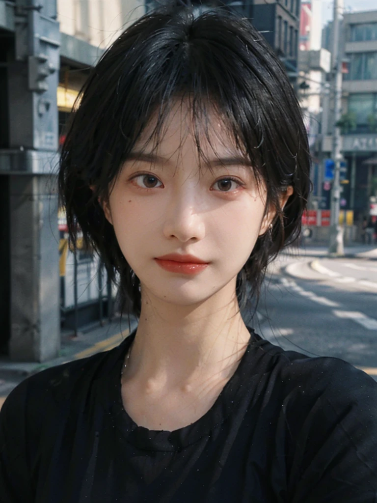 (Skin details:1.4), (smooth skin textures:1.3), (Upper Body:1.4),(Upper Body:1.3),(Black clothes:1.4),Lipstick, background, earrings, serene, calm, (Realistic and detailed eyes:1.2), Natural skin texture, Realistic facial details, Soft dramatic lighting, Vivid details, 35 mm film, outdoor, (Photo Practical:1.4), (hyper Practical:1.4), (Practical:1.3), (Smoother lighting:1.05), (Improve lighting quality:0.9), (Highest quality real skin textures:1.4), Exquisite eyes, Delicate face, Close-up of face, (Enhance the beauty of skin texture:1.1),0Normal body proportions, short hair, Moles under the eyes, A faint smile,Portrait Photography, Depth of Field, Bokeh, Surrealism, Ray Tracing, (Portrait Photography:1.1), Surrealism, High Detail, Chiaroscuro, Ray Tracing, reflected light, Ultra HD, Ultra HD, masterpiece, Textured Skin, Super Detail, High Detail, high quality, best quality