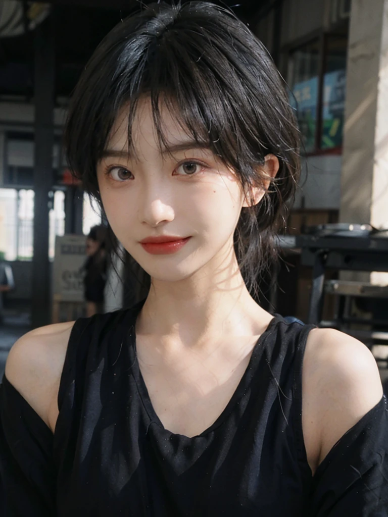 (Skin details:1.4), (smooth skin textures:1.3), (Upper Body:1.4),(Upper Body:1.3),(Black clothes:1.4),Lipstick, background, earrings, serene, calm, (Realistic and detailed eyes:1.2), Natural skin texture, Realistic facial details, Soft dramatic lighting, Vivid details, 35 mm film, outdoor, (Photo Practical:1.4), (hyper Practical:1.4), (Practical:1.3), (Smoother lighting:1.05), (Improve lighting quality:0.9), (Highest quality real skin textures:1.4), Exquisite eyes, Delicate face, Close-up of face, (Enhance the beauty of skin texture:1.1),0Normal body proportions, short hair, Moles under the eyes, A faint smile,Portrait Photography, Depth of Field, Bokeh, Surrealism, Ray Tracing, (Portrait Photography:1.1), Surrealism, High Detail, Chiaroscuro, Ray Tracing, reflected light, Ultra HD, Ultra HD, masterpiece, Textured Skin, Super Detail, High Detail, high quality, best quality