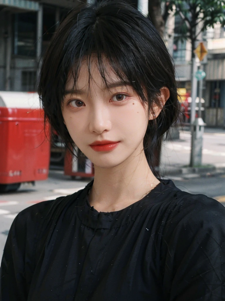 (Skin details:1.4), (smooth skin textures:1.3), (Upper Body:1.4),(Upper Body:1.3),(Black clothes:1.4),Lipstick, background, earrings, serene, calm, (Realistic and detailed eyes:1.2), Natural skin texture, Realistic facial details, Soft dramatic lighting, Vivid details, 35 mm film, outdoor, (Photo Practical:1.4), (hyper Practical:1.4), (Practical:1.3), (Smoother lighting:1.05), (Improve lighting quality:0.9), (Highest quality real skin textures:1.4), Exquisite eyes, Delicate face, Close-up of face, (Enhance the beauty of skin texture:1.1),0Normal body proportions, short hair, Moles under the eyes, A faint smile,Portrait Photography, Depth of Field, Bokeh, Surrealism, Ray Tracing, (Portrait Photography:1.1), Surrealism, High Detail, Chiaroscuro, Ray Tracing, reflected light, Ultra HD, Ultra HD, masterpiece, Textured Skin, Super Detail, High Detail, high quality, best quality