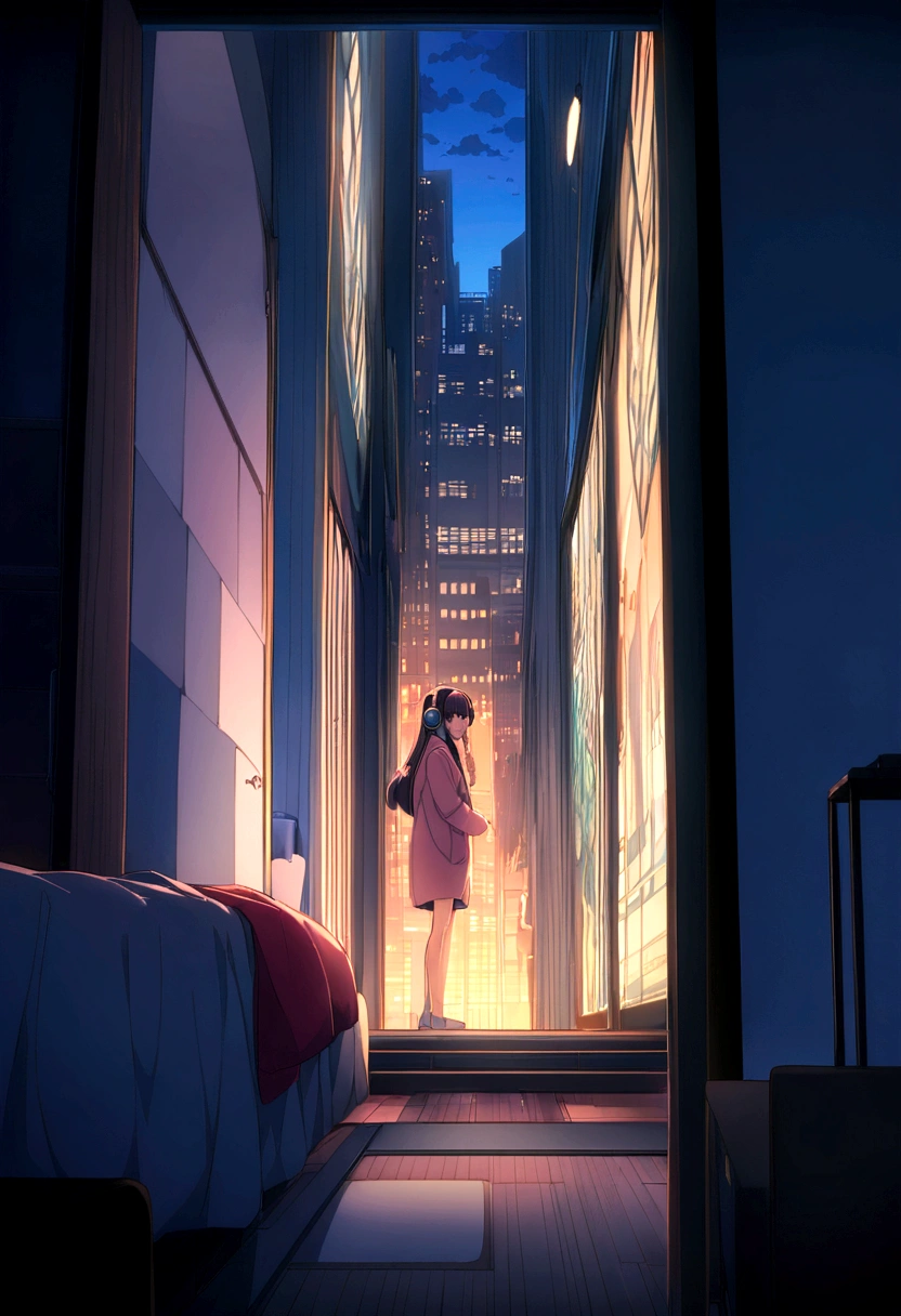 midnight、A beautiful girl in casual clothes studying while listening to music with headphones in her room。Dim lighting。Outside the room, there are many tall buildings.。Japanese anime style。