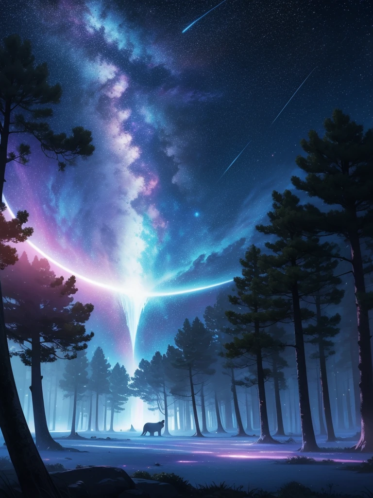 High quality, 8K Ultra HD, In "Celestial Dreamscape," the canvas bursts with ethereal colors that seem to defy the laws of nature, The sky is a mesmerizing blend of deep indigo and shimmering hues of violet, as though it holds secrets from distant galaxies, A cascade of celestial bodies, including otherworldly planets and iridescent moons, orbits in a cosmic dance, casting a soft glow upon the dreamlike landscape, The foreground reveals an enchanted forest, where trees are adorned with phosphorescent leaves that emit a gentle, soothing light. The trunks of these mystical trees twist and intertwine, creating archways that beckon viewers to explore the hidden realms beyond, Small, luminescent creatures flit between the branches, leaving trails of stardust in their wake, by yukisakura, high detailed,